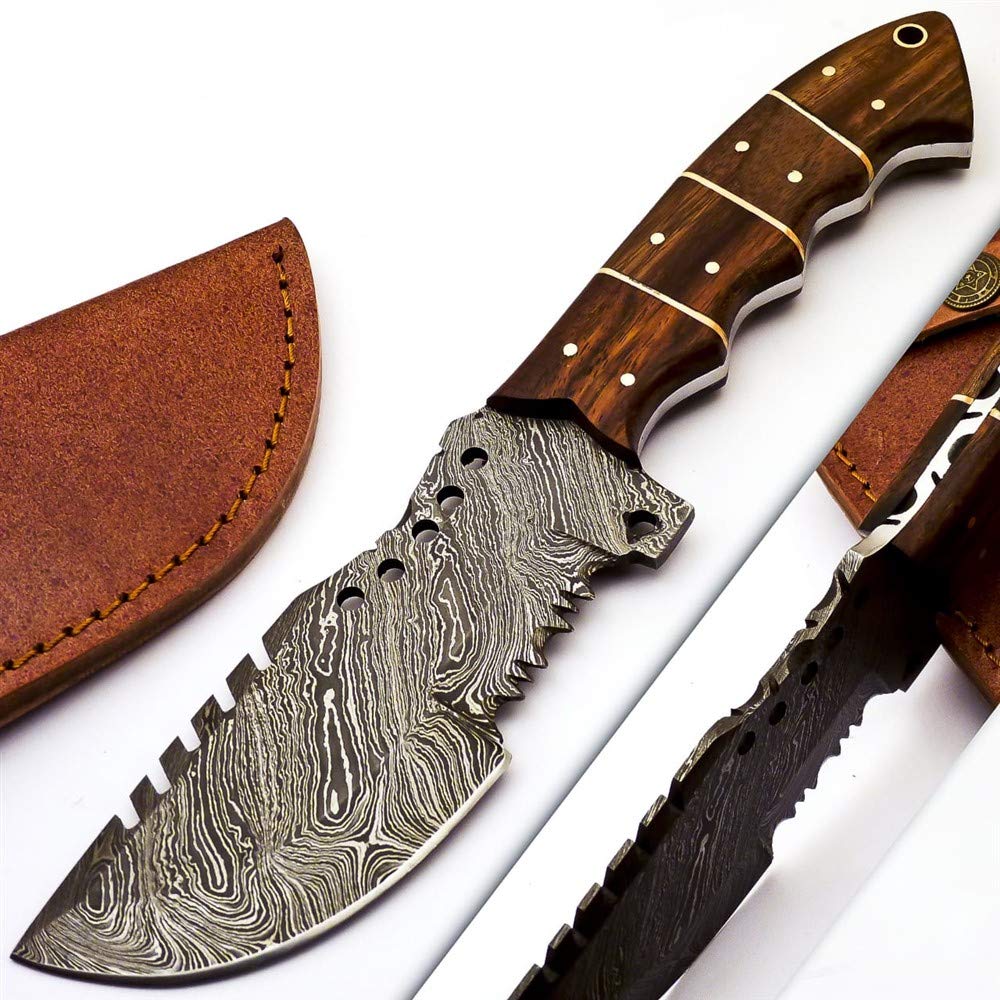 Rare Custom Blood Grooved Damascus Tracker Survival Knife Skinning Knife Hunting Knife Outdoor Knife Camping Knife | Full Tang Handle with Free Genuine Leather Sheath (TR-80)