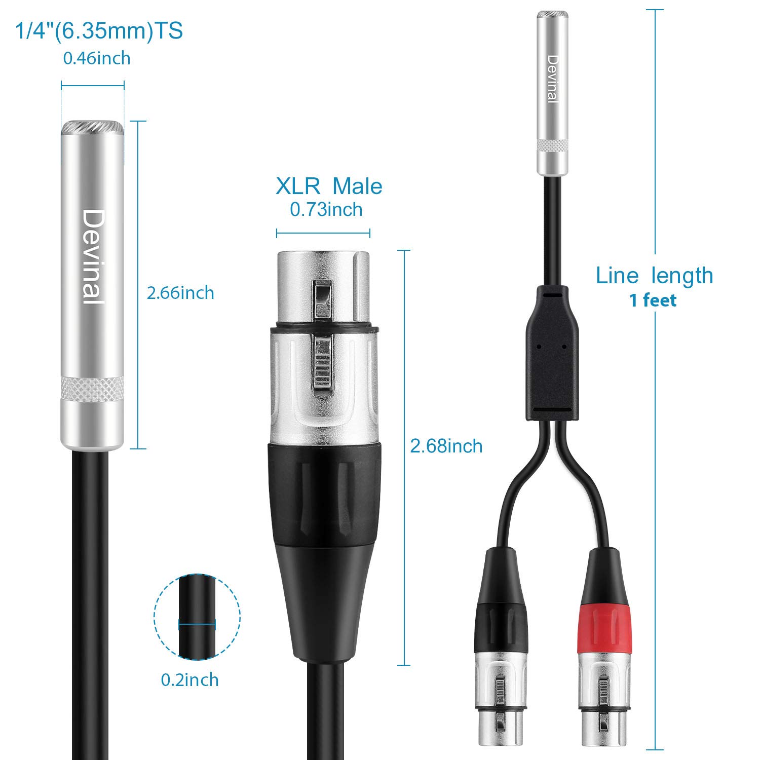 Devinal 1/4 inch Female to Dual XLR Female Y Cable, 6.35mm Female TRS to 2 XLR Microphone Converter, Female Quarter inch Socket Y Splitter Audio Breakout Cord wire 1FT