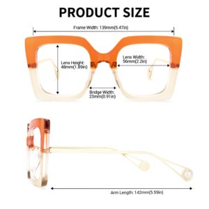 VOOGLAM Oversized Thick Square Blue Light Blocking Glasses for Women Orange Fashion Eyewear with Pearl Inlay Arm Anti Eyestrain UV Valarie