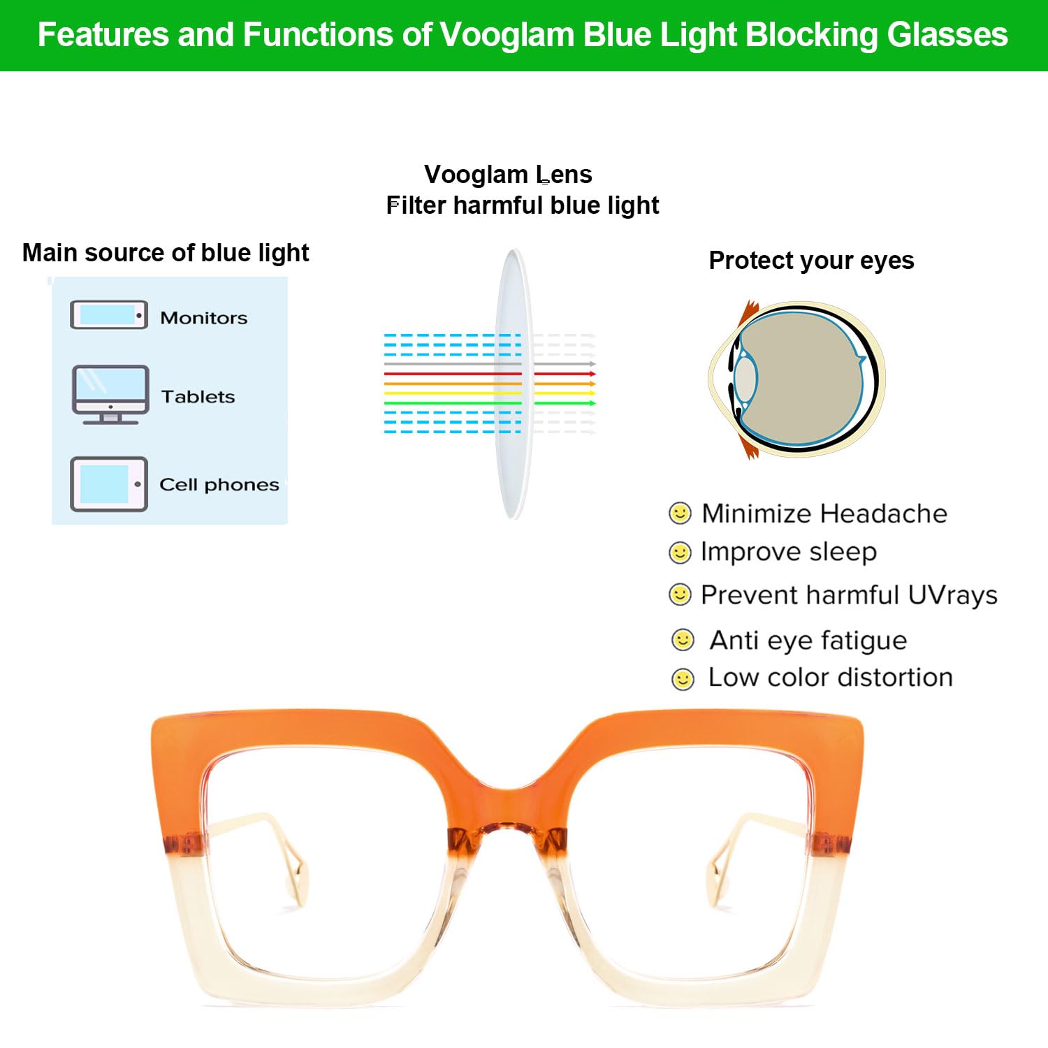 VOOGLAM Oversized Thick Square Blue Light Blocking Glasses for Women Orange Fashion Eyewear with Pearl Inlay Arm Anti Eyestrain UV Valarie