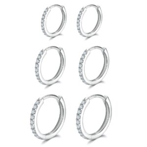 3 Pairs Sterling Silver Small Hoop Earrings Cubic Zirconia Cuff Earrings | Tiny Cartilage Huggie Hoop Earrings Piercing Jewellery for Women（8mm 10mm 12mm）