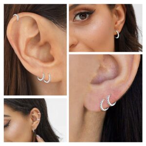 3 Pairs Sterling Silver Small Hoop Earrings Cubic Zirconia Cuff Earrings | Tiny Cartilage Huggie Hoop Earrings Piercing Jewellery for Women（8mm 10mm 12mm）