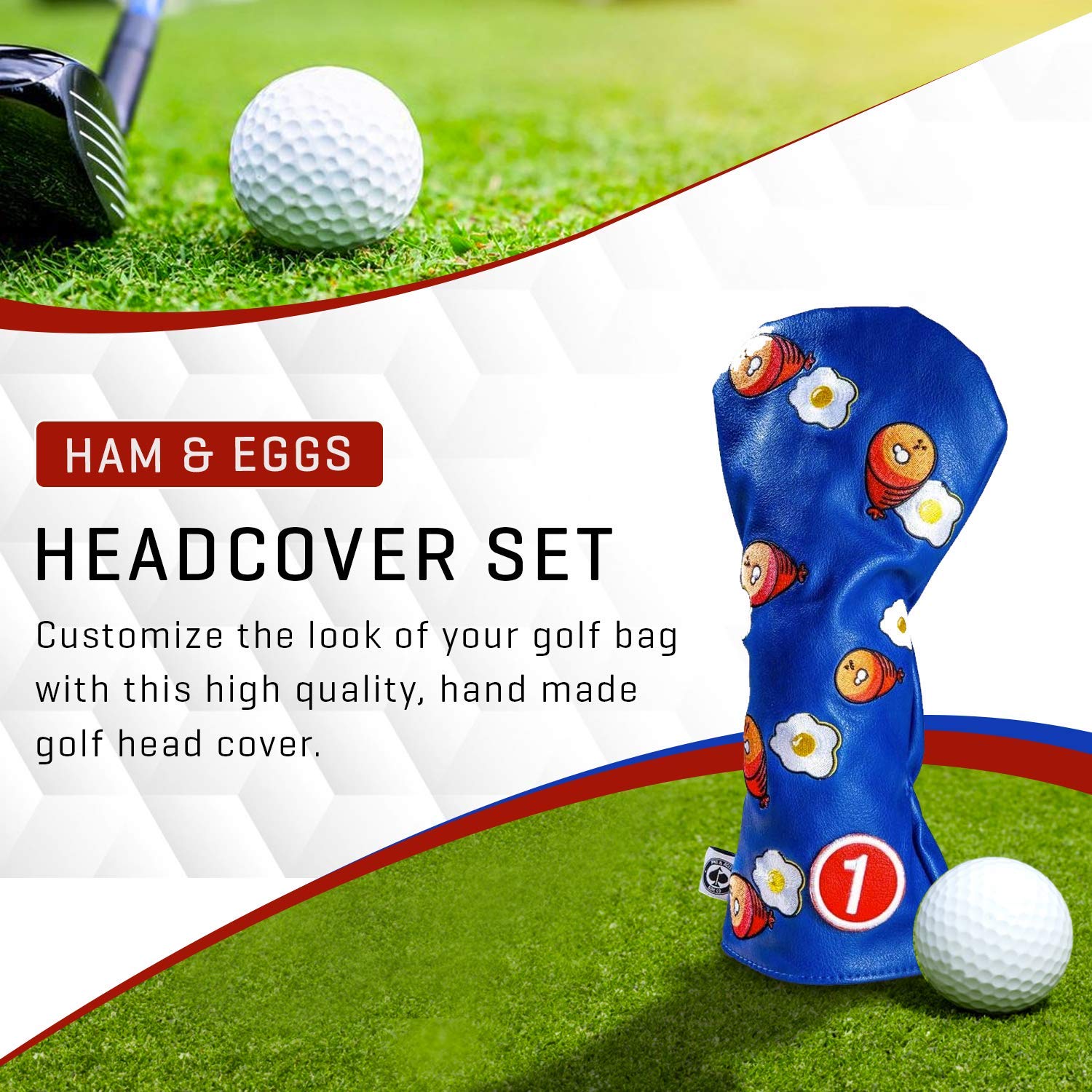 Pins & Aces Golf Co. Ham & Eggs Driver Wood Head Cover - Premium, Hand-Made Leather 1W Headcover - Funny, Tour Quality Golf Club Cover - Style and Customize Your Golf Bag (Driver)