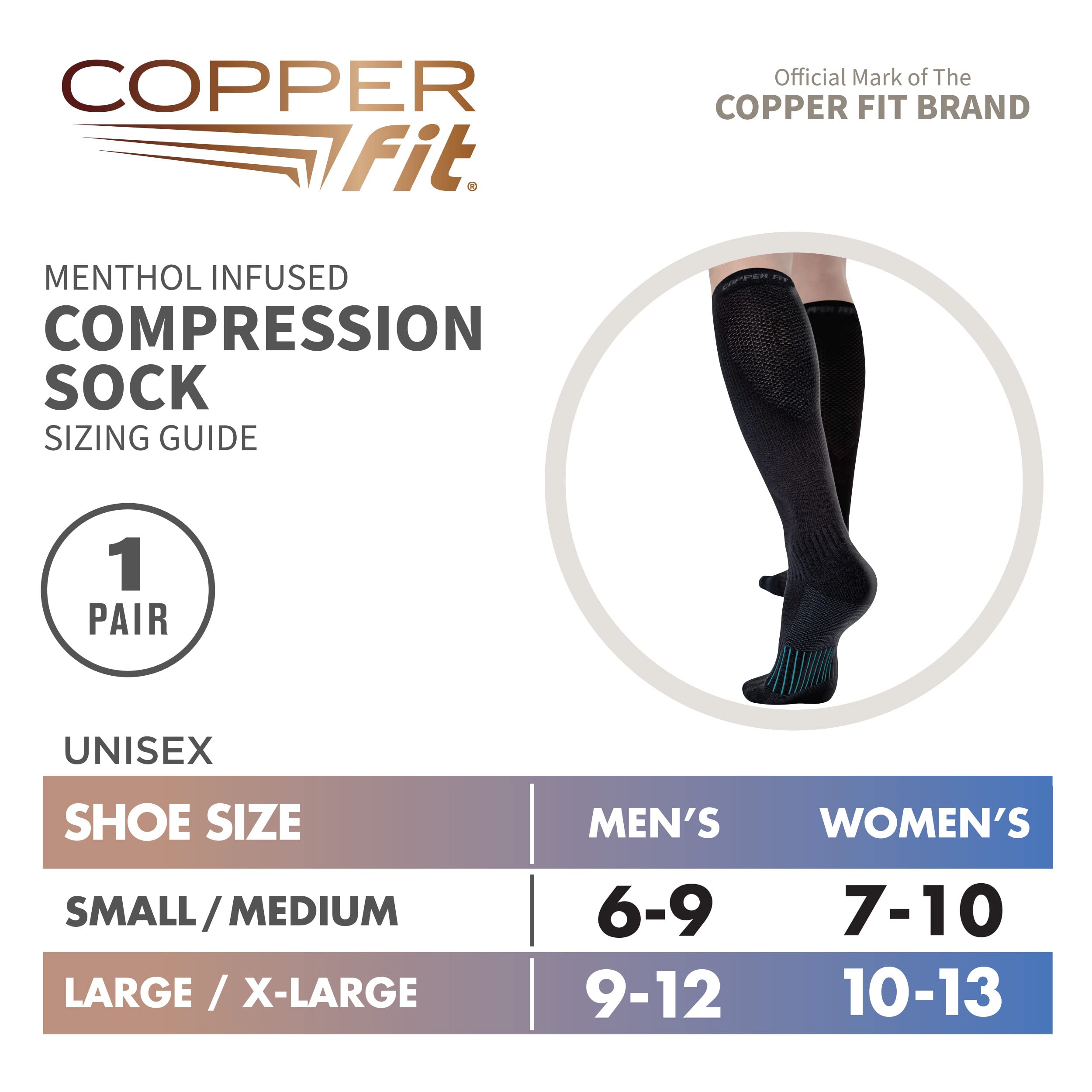 Copper Fit womens Ice Menthol Infused Compression Socks, Black, Small-Medium US