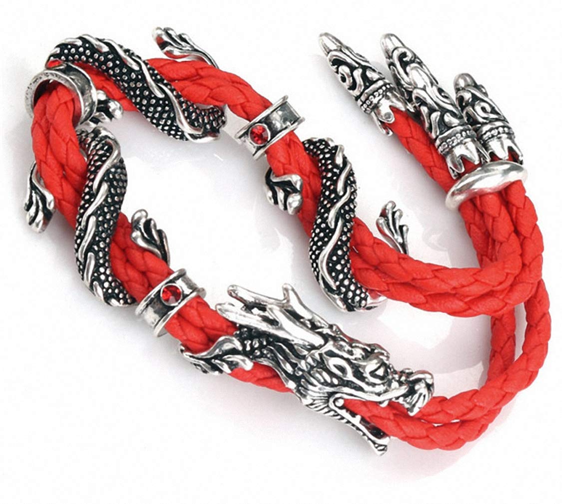 Antique Silver Jewelry Vintage Stylish Red Rope Crystal Rhinestone Dragon Bracelets & Bangles for Women Red Rope