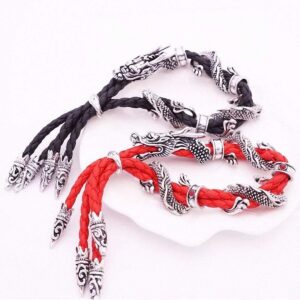 Antique Silver Jewelry Vintage Stylish Red Rope Crystal Rhinestone Dragon Bracelets & Bangles for Women Red Rope