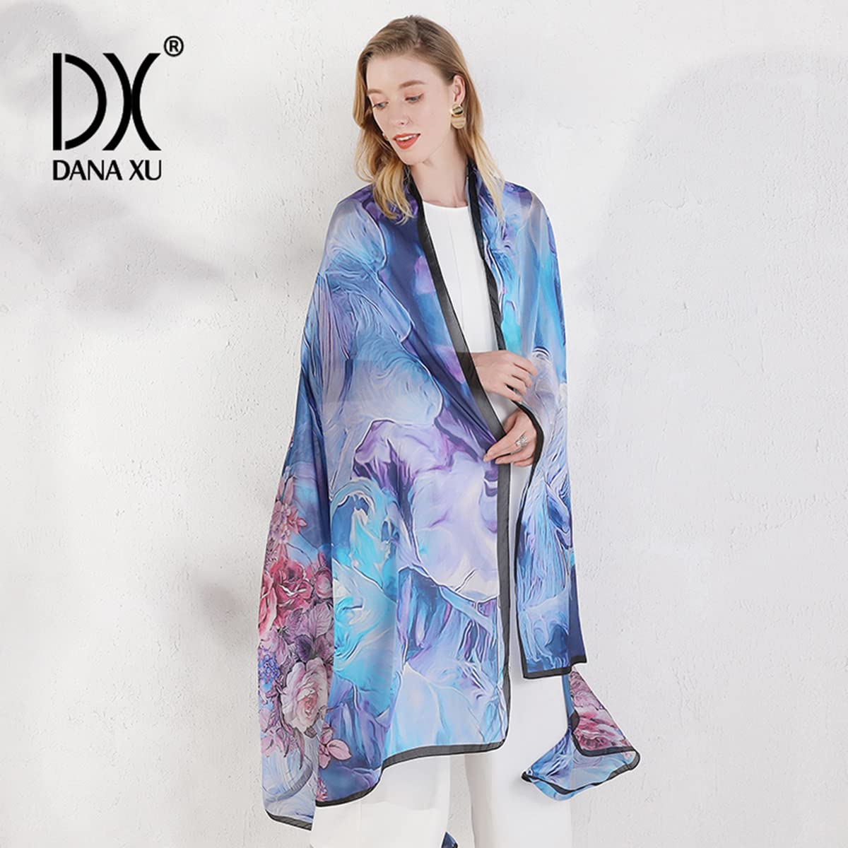 DANA XU 100% Mulberry Satin Silk Summer Travel Scarf Extra Large Women Floral Shawl Oversize Soft Wraps For Evening Dresses