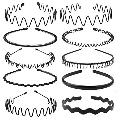 obmwang 10 Pack Metal and Plastic Headband - Unisex Spring Wavy Hair Hoop - Hair Accessories for Women Men - 10 Various Styles - Comfortable and Flexible - Wide Usage - Black