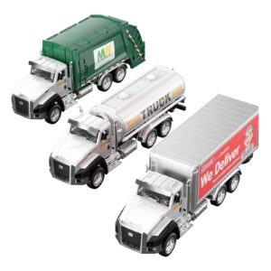 temi 3 pack of diecast city transport vehicles, garbage, tanker, express delivery, 1/50 scale metal collectible models with opening doors for boys and girls