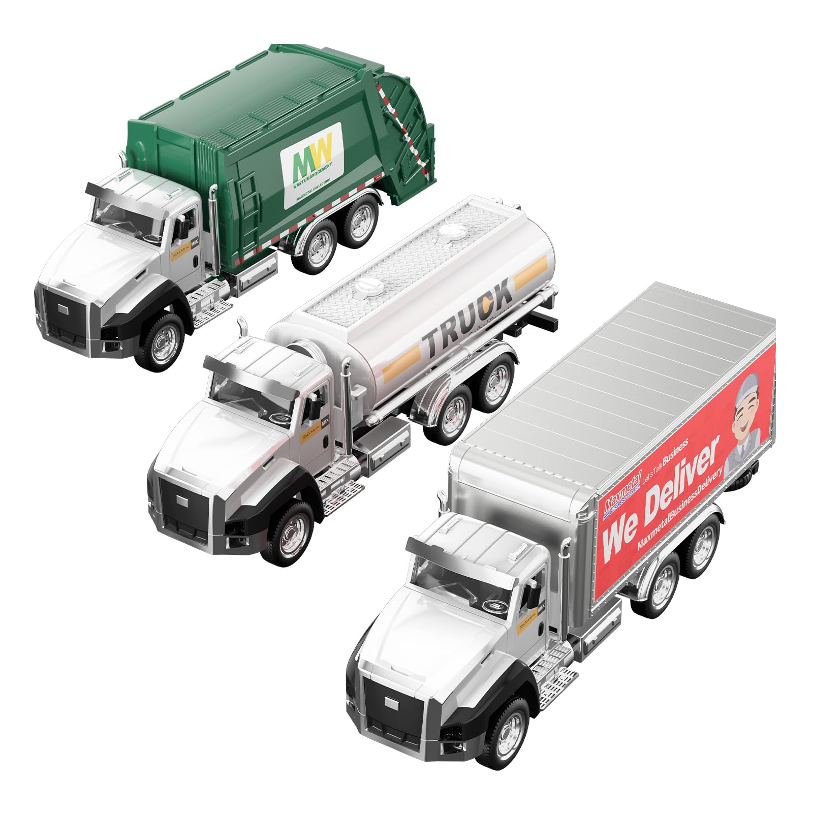 TEMI 3 Pack of Diecast City Transport Vehicles, Garbage, Tanker, Express Delivery, 1/50 Scale Metal Collectible Models With Opening Doors for Boys and Girls