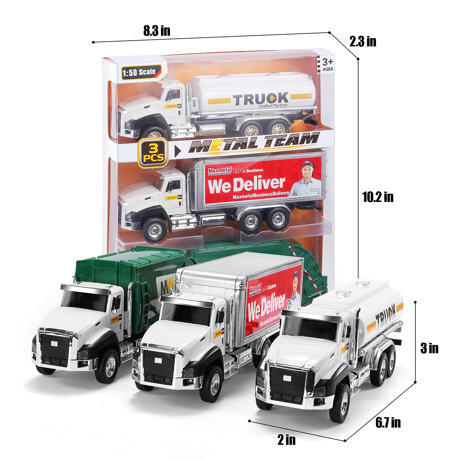 TEMI 3 Pack of Diecast City Transport Vehicles, Garbage, Tanker, Express Delivery, 1/50 Scale Metal Collectible Models With Opening Doors for Boys and Girls