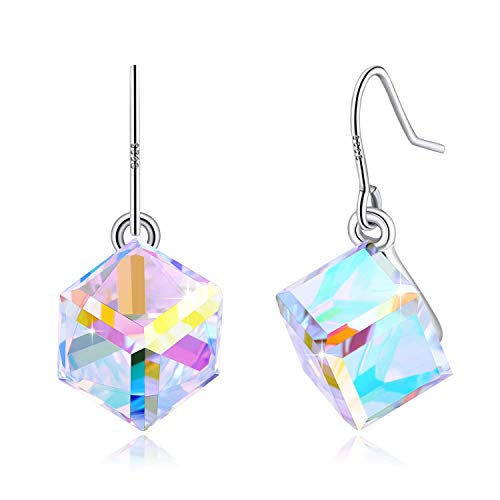 PLATO H S925 Sterling Silver Aurora Cube Earrings Crystals for Women with Exquisite Unique Gift Box Dainty Jewelry Anniversary Unique Gift for Mother's Day