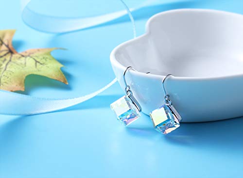 PLATO H S925 Sterling Silver Aurora Cube Earrings Crystals for Women with Exquisite Unique Gift Box Dainty Jewelry Anniversary Unique Gift for Mother's Day