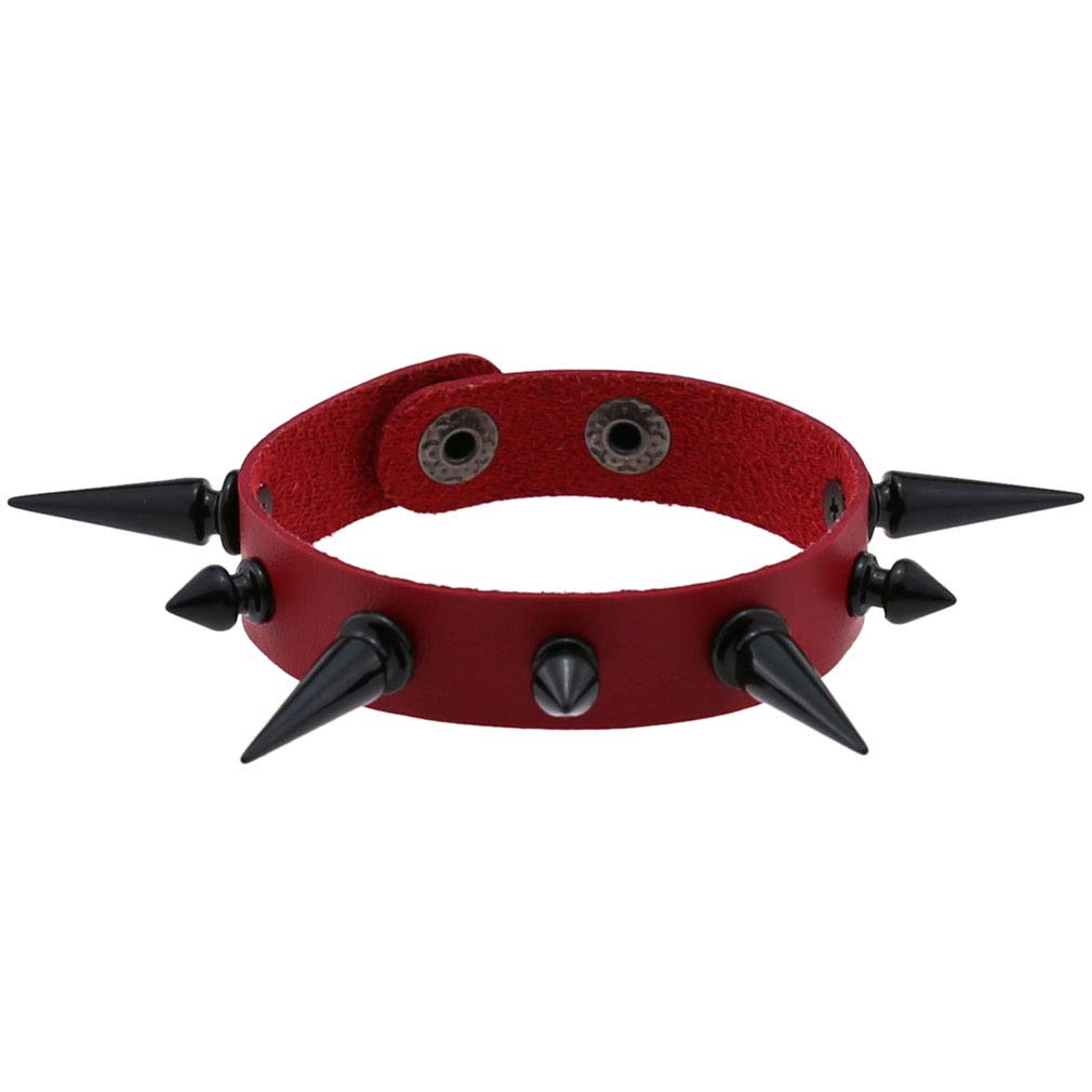 FM FM42 Women Red PU Simulated Leather Black-tone Long and Short Rivets Spike Spiked Punk Gothic Adjustable Bracelet, Pack of 2