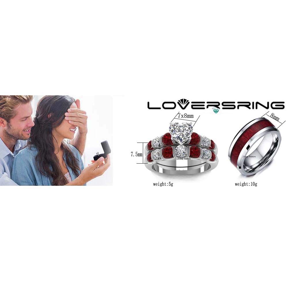 TWO RINGS Wedding Ring Sets His And Hers Promise Ring Couples Bridal Sets Women 925 Sterling Silver Heart Cz Man Tungsten Carbide Wedding Bands