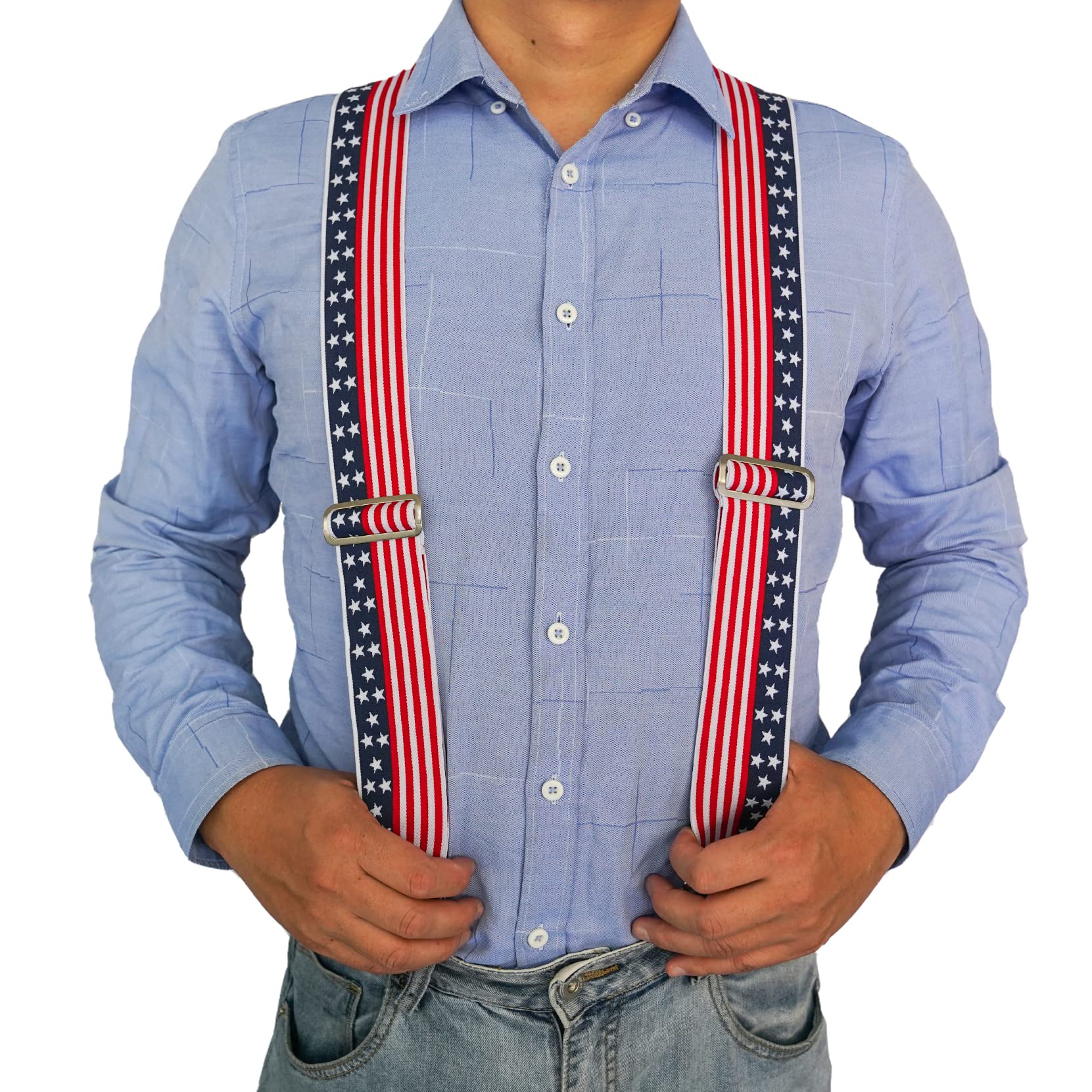 American Flag Pattern X-back Suspenders Mens Suspenders 2" Wide Adjustable and Elastic Braces X Shape with Very Strong Clips - Heavy Duty (New USA)