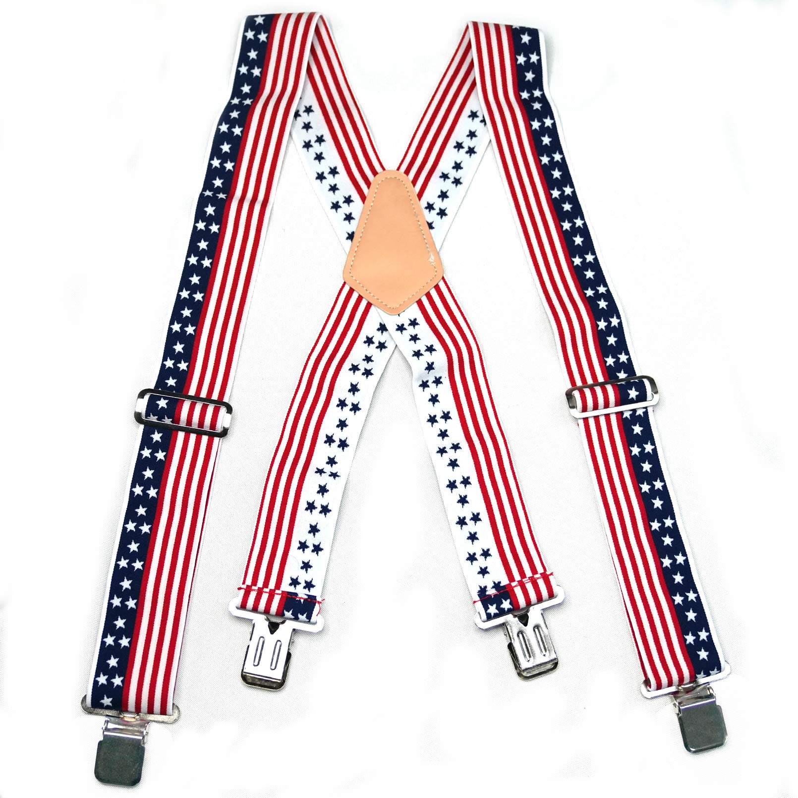 American Flag Pattern X-back Suspenders Mens Suspenders 2" Wide Adjustable and Elastic Braces X Shape with Very Strong Clips - Heavy Duty (New USA)