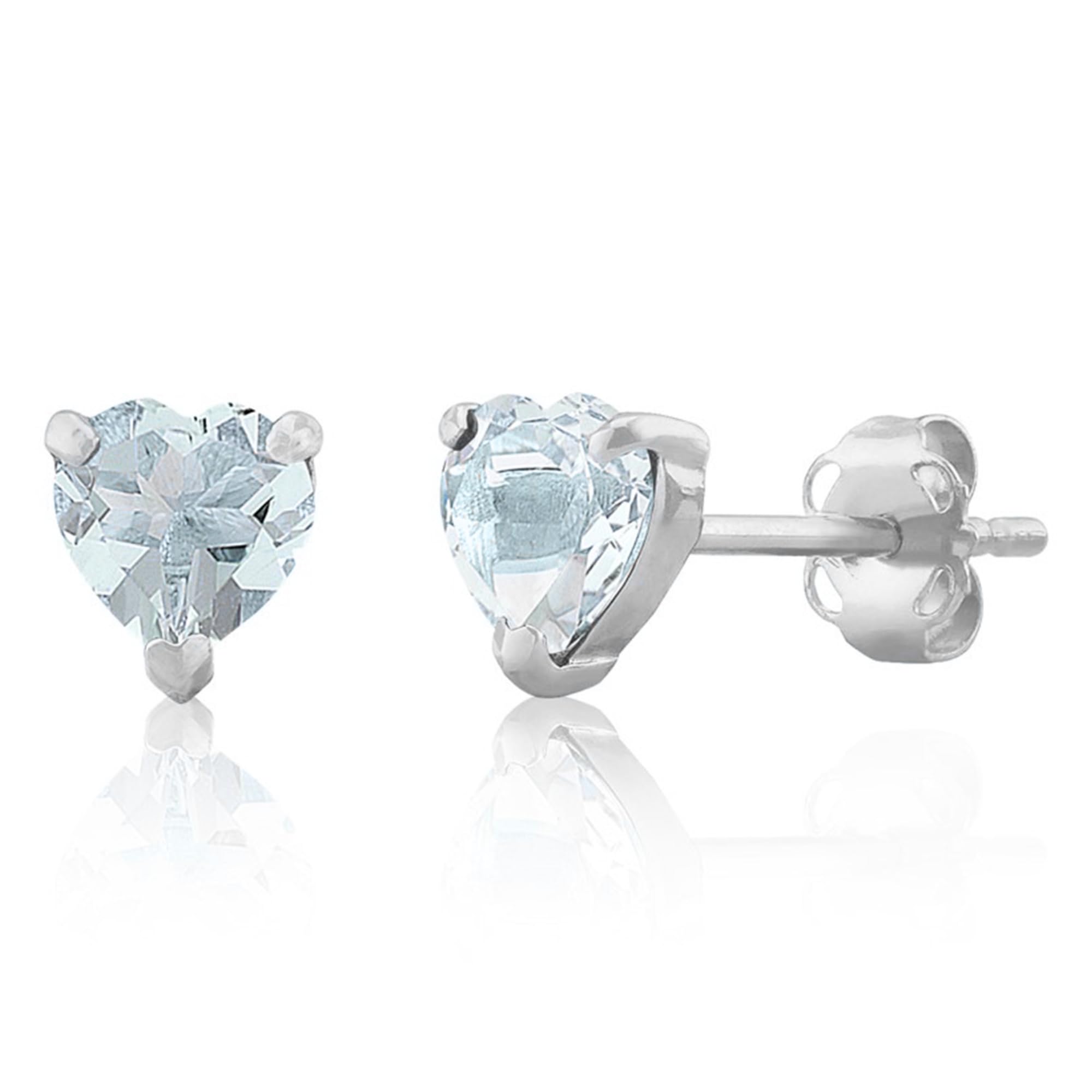 MAX + STONE 14k White Gold Blue Aquamarine Heart Shape Stud Earrings for Women with Push Backs 5mm March Birthstone