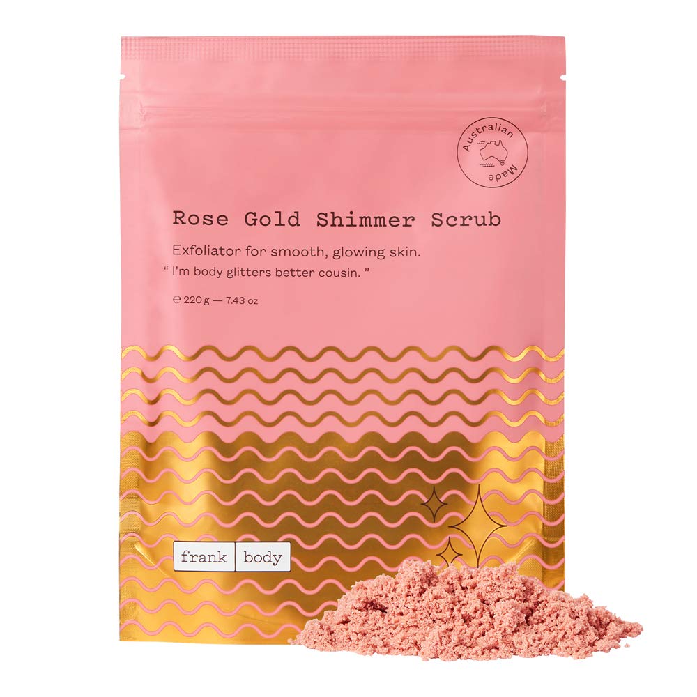 Frank Body Rose Gold Shimmer Scrub | Natural, Vegan, Cruelty Free Exfoliating Body Scrub Smooths, Exfoliates, and Hydrates with Sugar, Salt, Vitamin E, and Grapeseed Oil | 7.43 oz / 220 g