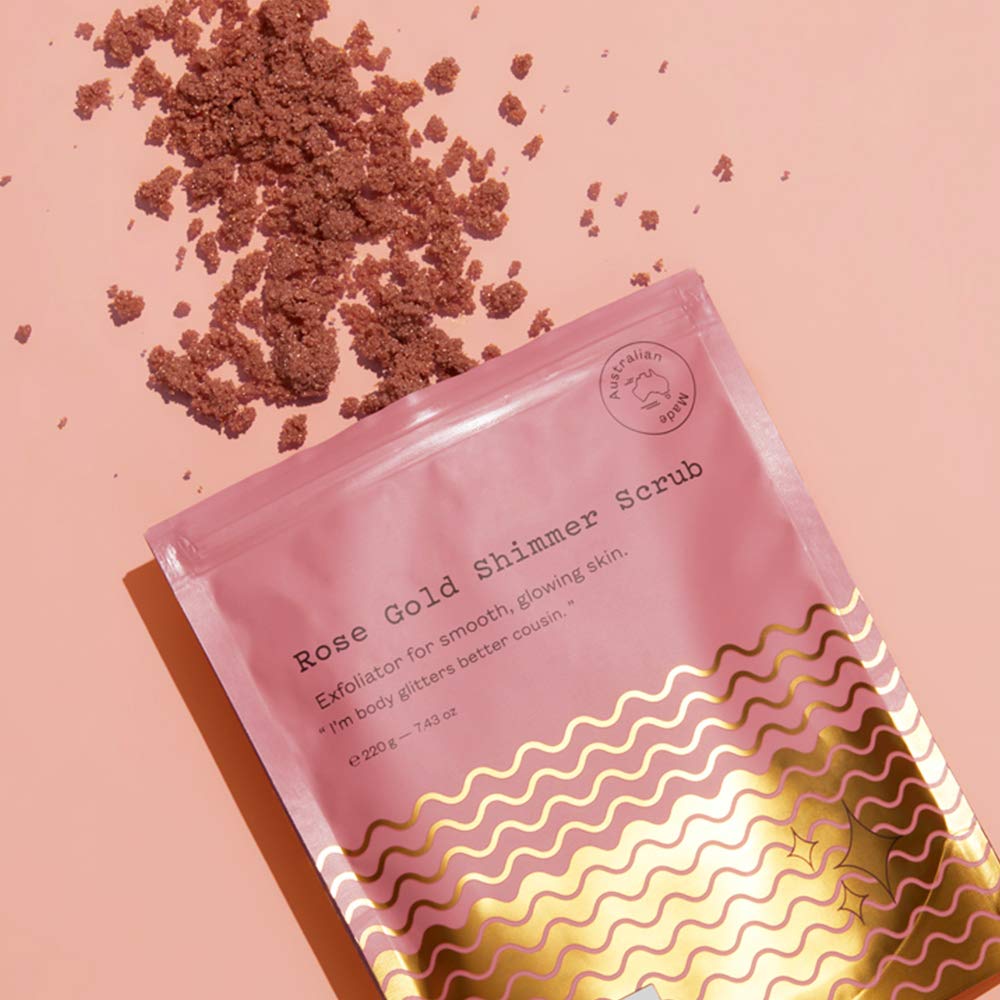 Frank Body Rose Gold Shimmer Scrub | Natural, Vegan, Cruelty Free Exfoliating Body Scrub Smooths, Exfoliates, and Hydrates with Sugar, Salt, Vitamin E, and Grapeseed Oil | 7.43 oz / 220 g