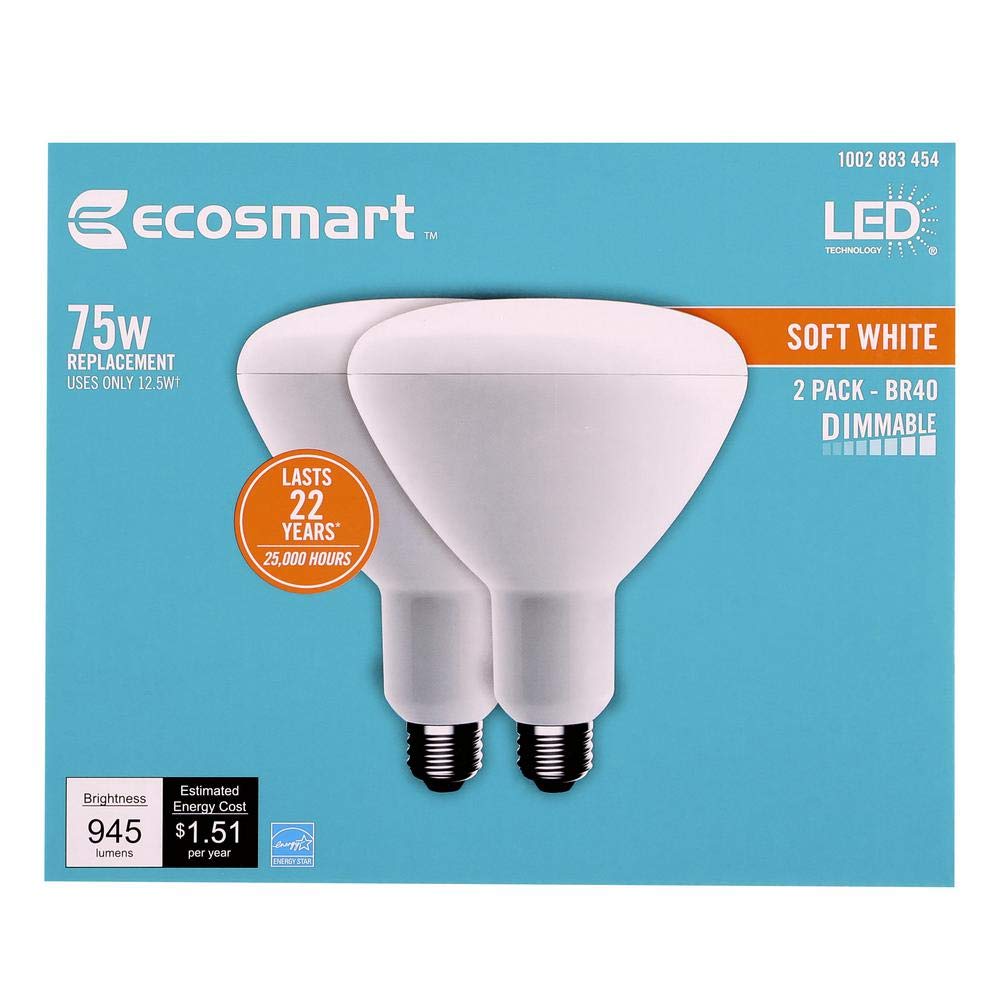 EcoSmart 75-Watt Equivalent BR40 Dimmable Energy Star LED Light Bulb Soft White (2-Pack)