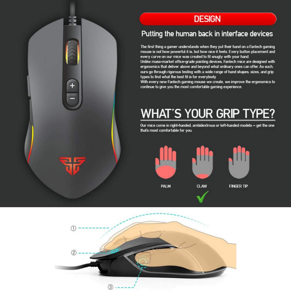 FANTECH Basic Wired Gaming Mouse X9, RGB 7 Macro Buttons Programmable True 4800 DPI Claw Grip Comfort Beginner Gaming Mouse for Window PC, Black