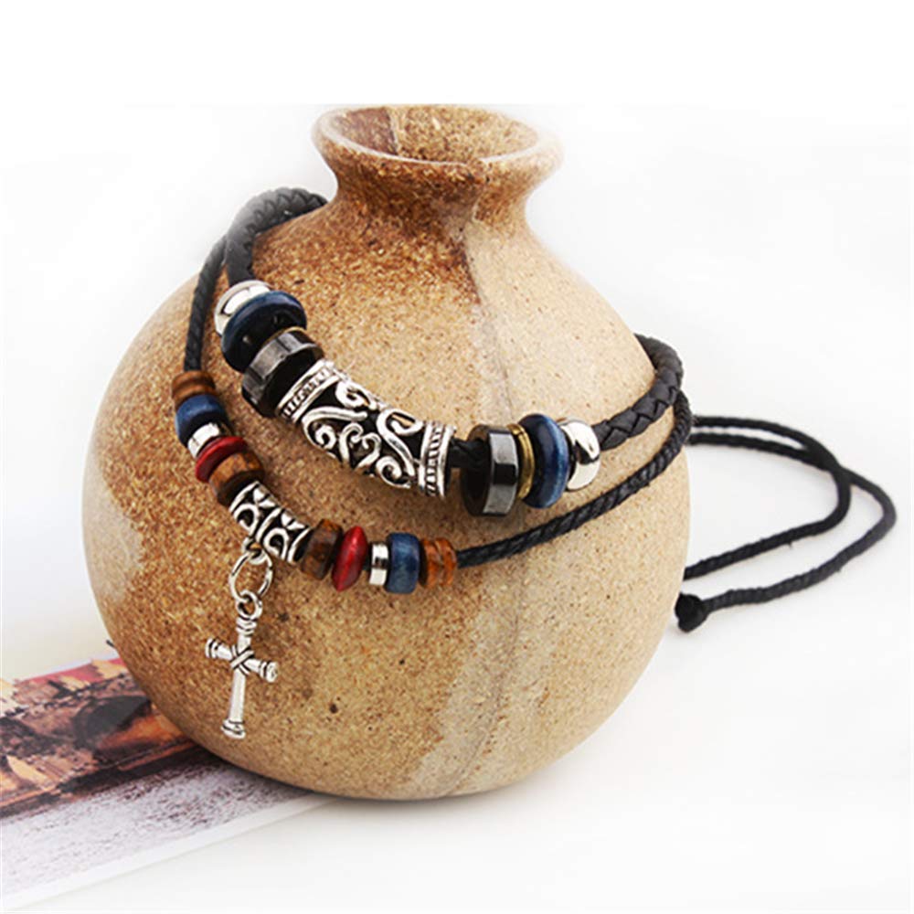 SMALLLOVE Leather Tribal Necklace for Women and Men Vintage Bohemian Style Ethnic Wood Beads Choker Braided Adjustable Double Layers Beaded Charm Cross Pendant (Black)