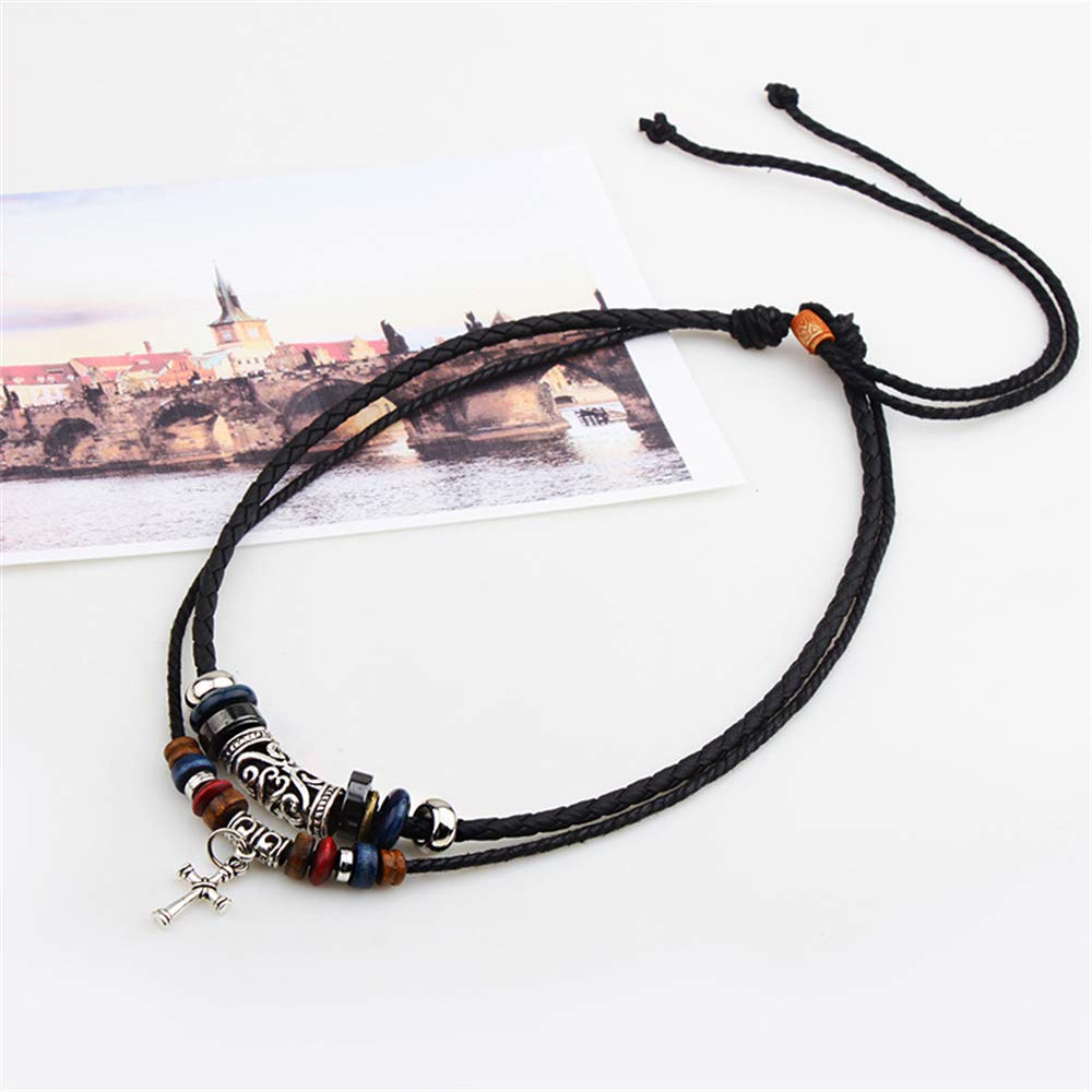 SMALLLOVE Leather Tribal Necklace for Women and Men Vintage Bohemian Style Ethnic Wood Beads Choker Braided Adjustable Double Layers Beaded Charm Cross Pendant (Black)