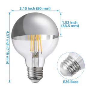 TORCHSTAR Dimmable Half Chrome Light Bulb, 7W (75W Eqv.), Anti Glare LED Light Bulbs, UL Listed, E26 Silver Dipped Bulb, G25 Globe Light Bulbs for Bathroom, Vanity, Mirror, 3000K Warm White, Pack of 6