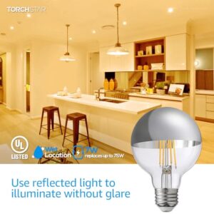 TORCHSTAR Dimmable Half Chrome Light Bulb, 7W (75W Eqv.), Anti Glare LED Light Bulbs, UL Listed, E26 Silver Dipped Bulb, G25 Globe Light Bulbs for Bathroom, Vanity, Mirror, 3000K Warm White, Pack of 6