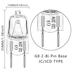 G8 Light Bulbs 20Watt 120Volt Halogen Light Bulb G8 Base Bi-Pin Shorter 20W T4 JCD Warm White Under Cabinet Puck Lighting Replacements,12Pack