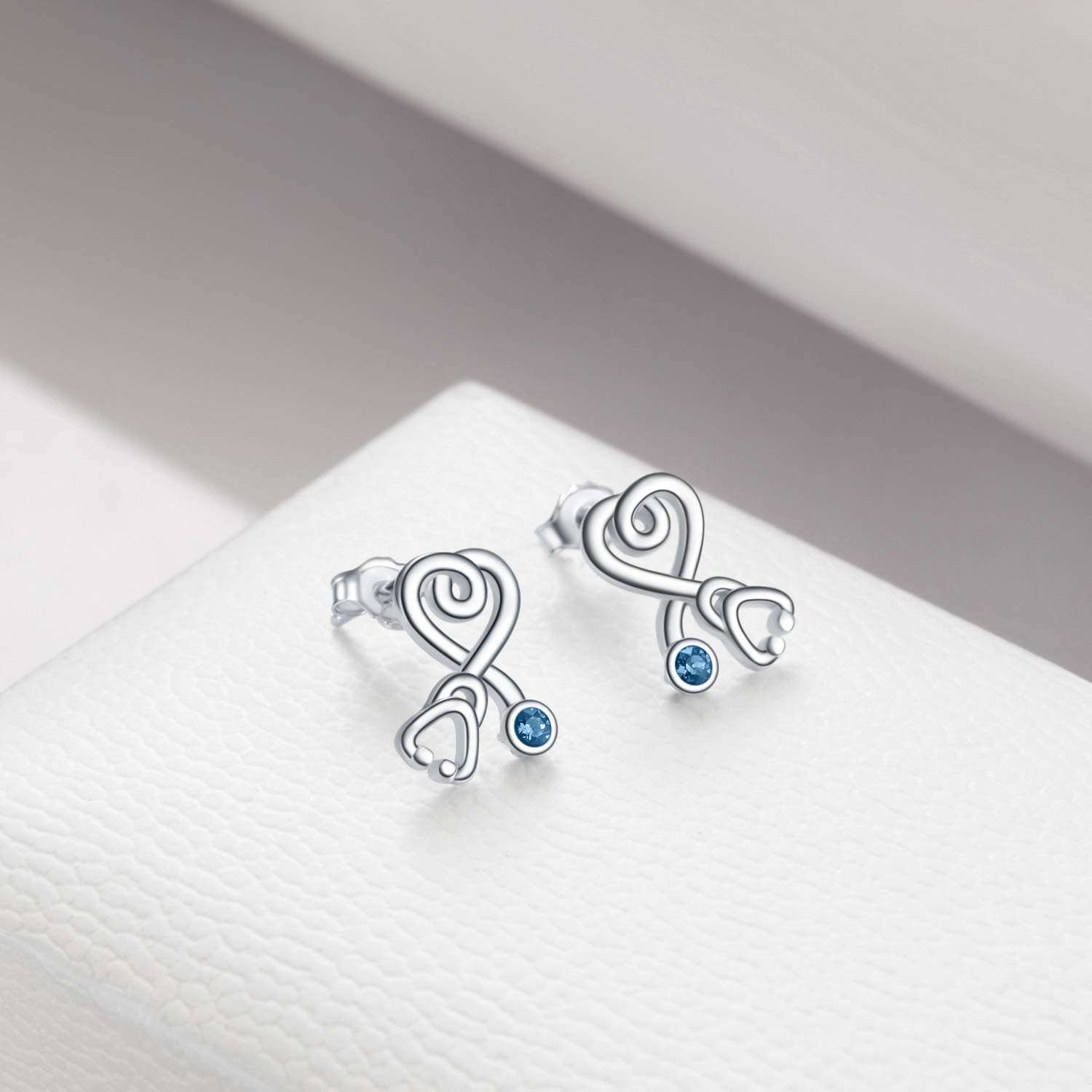 Stethoscope Earrings 925 Sterling Silver Heart Studs Earrings 12 Months Birthstone Crystals from Austria, Graduation Jewelry Gifts for Nurse Doctor RN Medical Student