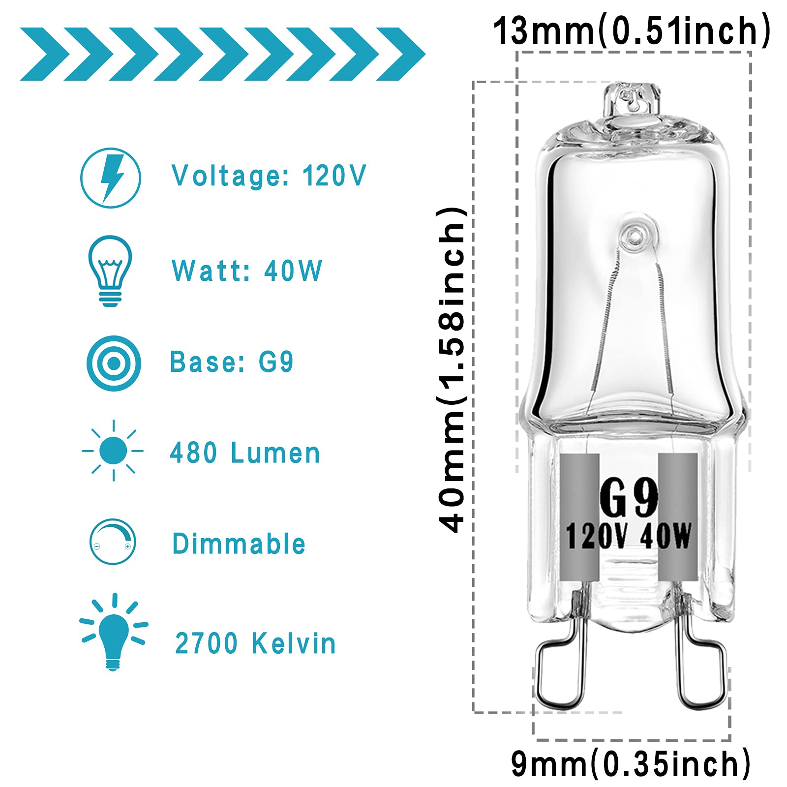 YBEK G9 Halogen Bulb 40W 120V T4 JCD Type G9 Base 2 Pin Light Bulb Dimmable Warm White (Pack of 12)