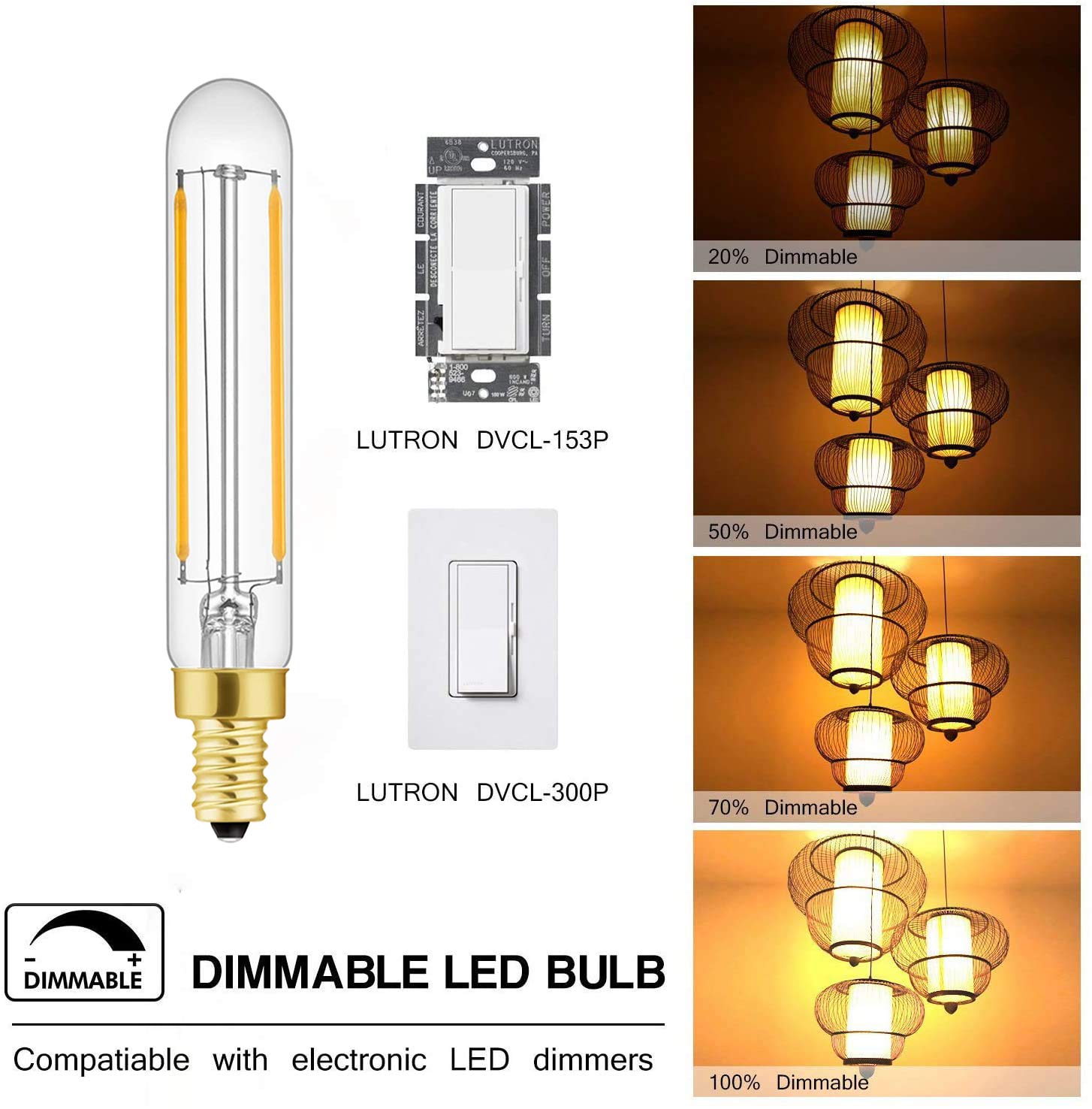 LDCHIUEN T20 T6 Small LED Bulb Long Filament 2W Equal 25 Watt E12 Candelabra Edison Tubular LED Light Bulb Dimmable 2700K Warm White, 4Pack