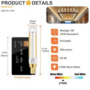 LDCHIUEN T20 T6 Small LED Bulb Long Filament 2W Equal 25 Watt E12 Candelabra Edison Tubular LED Light Bulb Dimmable 2700K Warm White, 4Pack