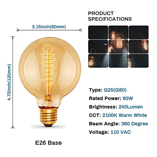 New Lights G25 Globe Edison Bulb, 60W Vintage Round Edison Bulb, Vintage Light Bulb, Old Fashion Dimmable Retro Incandescent Light Bulbs, 2100K Warm White, 240 Lumens,E26, Amber Glass, 4 Pack