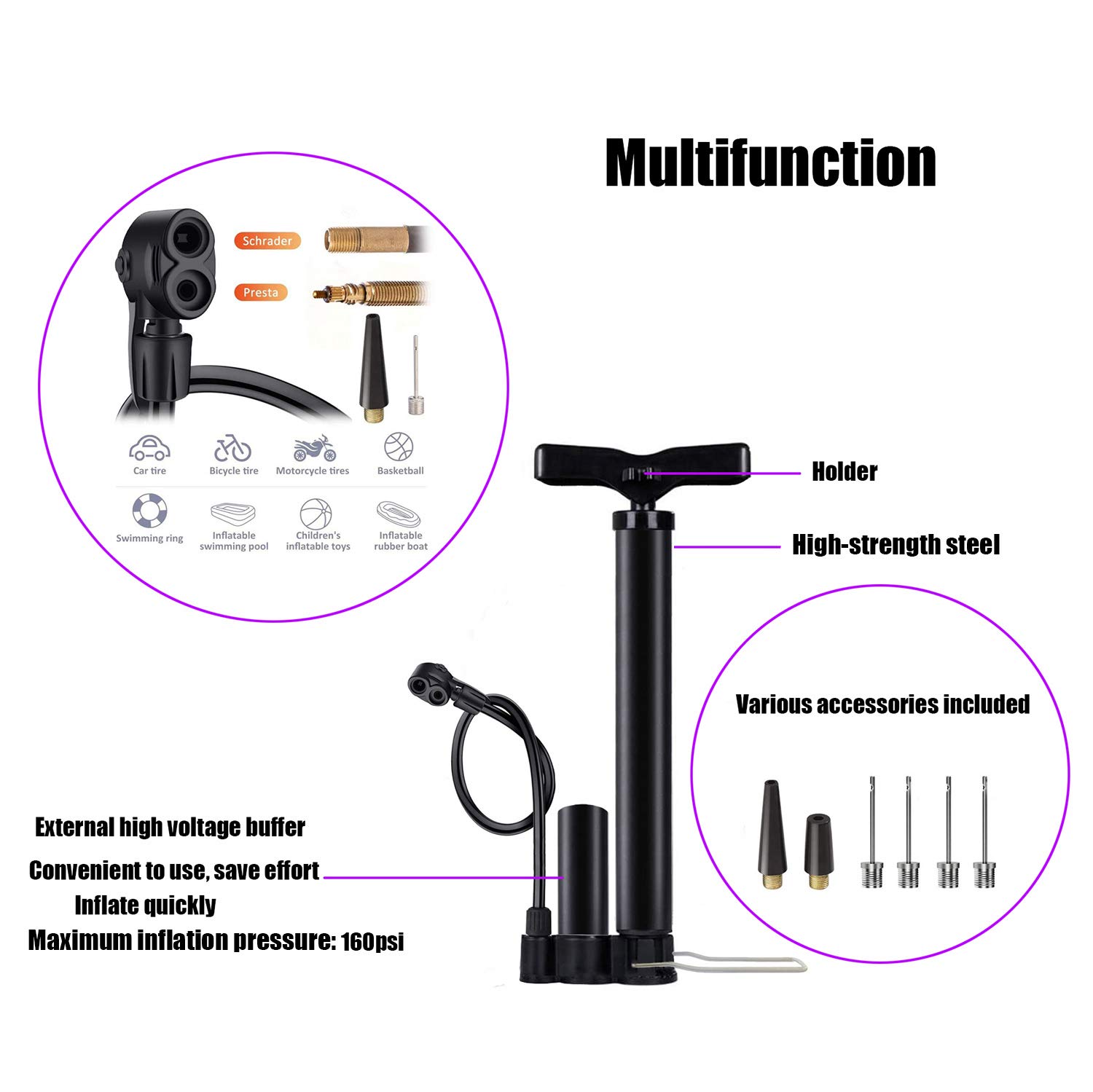 VIMILOLO Bike Pump, Air Bicycle Pump Inflator with Pressure Gauge for Presta and Schrader Valve Tire Ball Bike Portable Pumps 160PSI & 11BAR