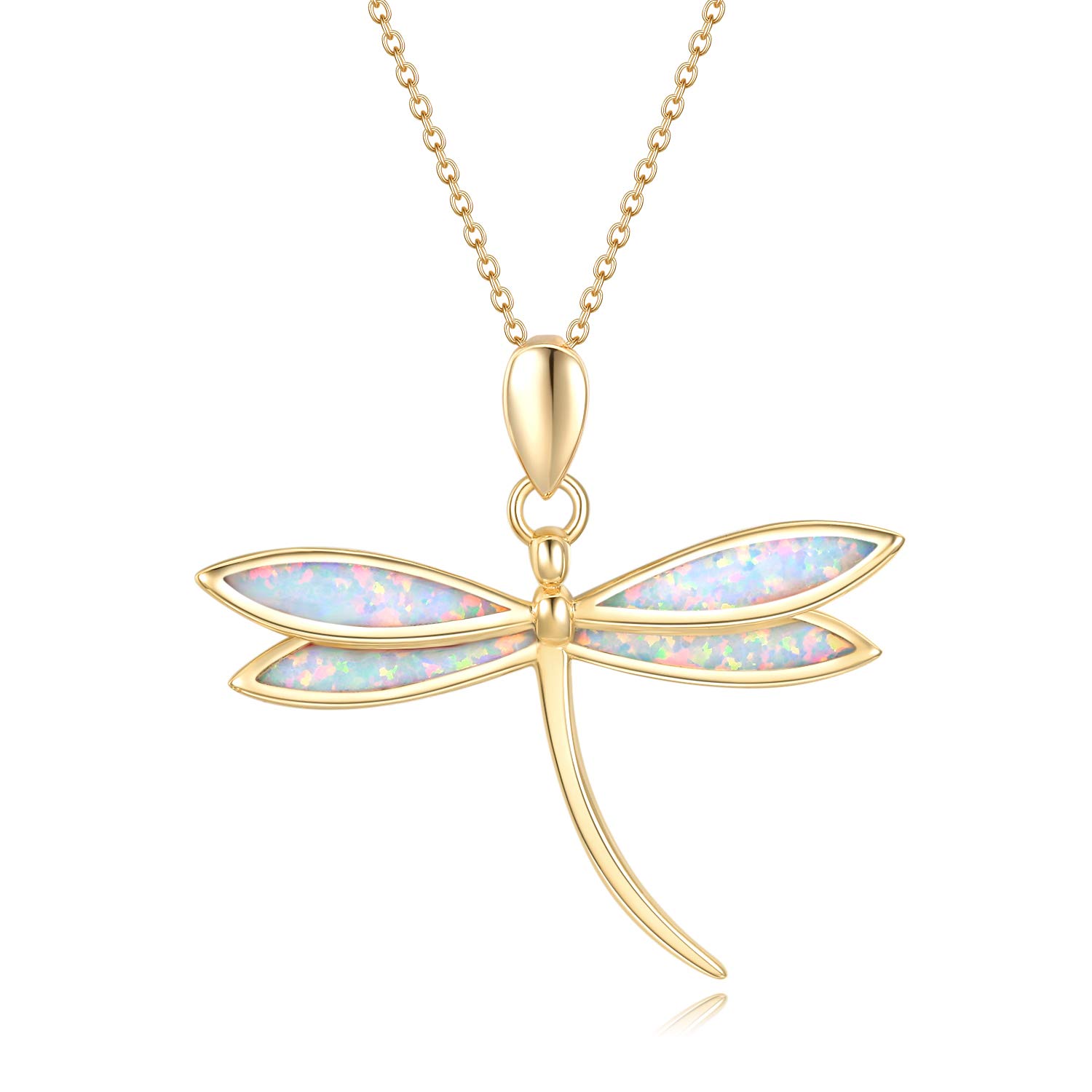 FANCIME Yellow Gold Plated Sterling Silver Opal Dragonfly Necklace Long Chain Charm Dainty Pendant October Birthstone Jewelry for Women 16"+2"