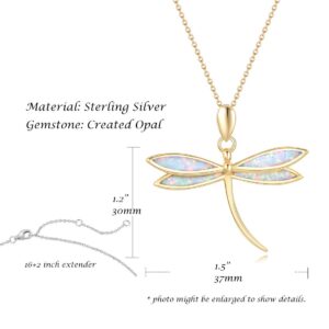 FANCIME Yellow Gold Plated Sterling Silver Opal Dragonfly Necklace Long Chain Charm Dainty Pendant October Birthstone Jewelry for Women 16"+2"