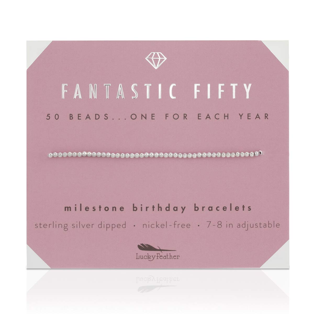 Lucky Feather 50th Birthday Gifts for Women Turning 50 - Sterling Silver Dipped Beads Bracelet on Adjustable Cord, 50th Birthday Jewelry Gift Ideas for 50 Year Old Woman