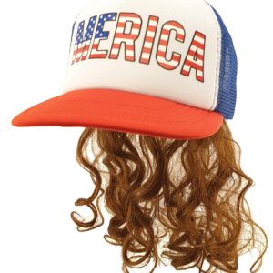 HandinHandCreations USA Mullet Hat Brown Wig Merica Redneck 4th of July All American Costume One Size Fits All - Cotton Hat