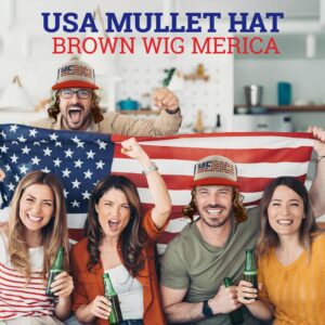 HandinHandCreations USA Mullet Hat Brown Wig Merica Redneck 4th of July All American Costume One Size Fits All - Cotton Hat