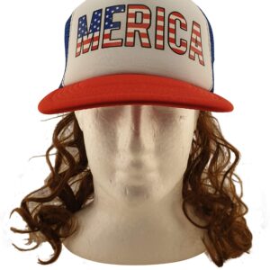 HandinHandCreations USA Mullet Hat Brown Wig Merica Redneck 4th of July All American Costume One Size Fits All - Cotton Hat