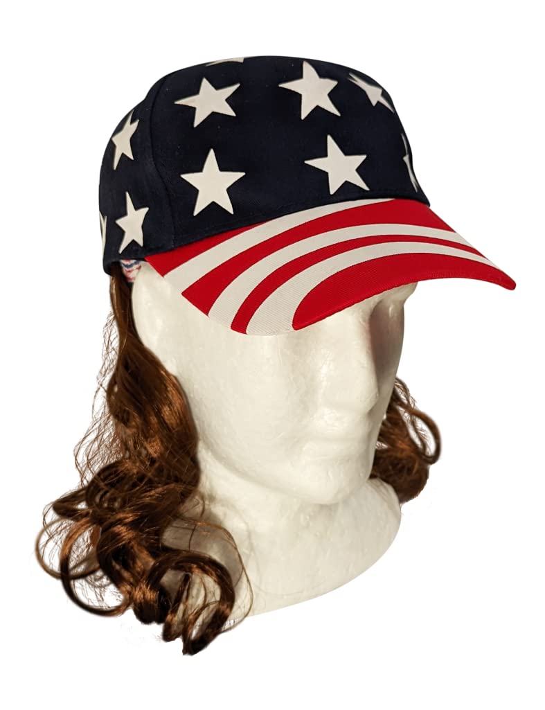 HandinHandCreations USA Stars and Stripes Brown King Mullet Hat Wig Merica 4th of July Hillbilly American Costume