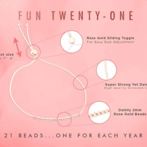 Lucky Feather 21st Birthday Gifts For Her - 14K Gold Dipped Beads Bracelet on Adjustable 7”- 8” Cord - Women Turning 21 Birthday Gifts For Her (rose-gold-plated-base)