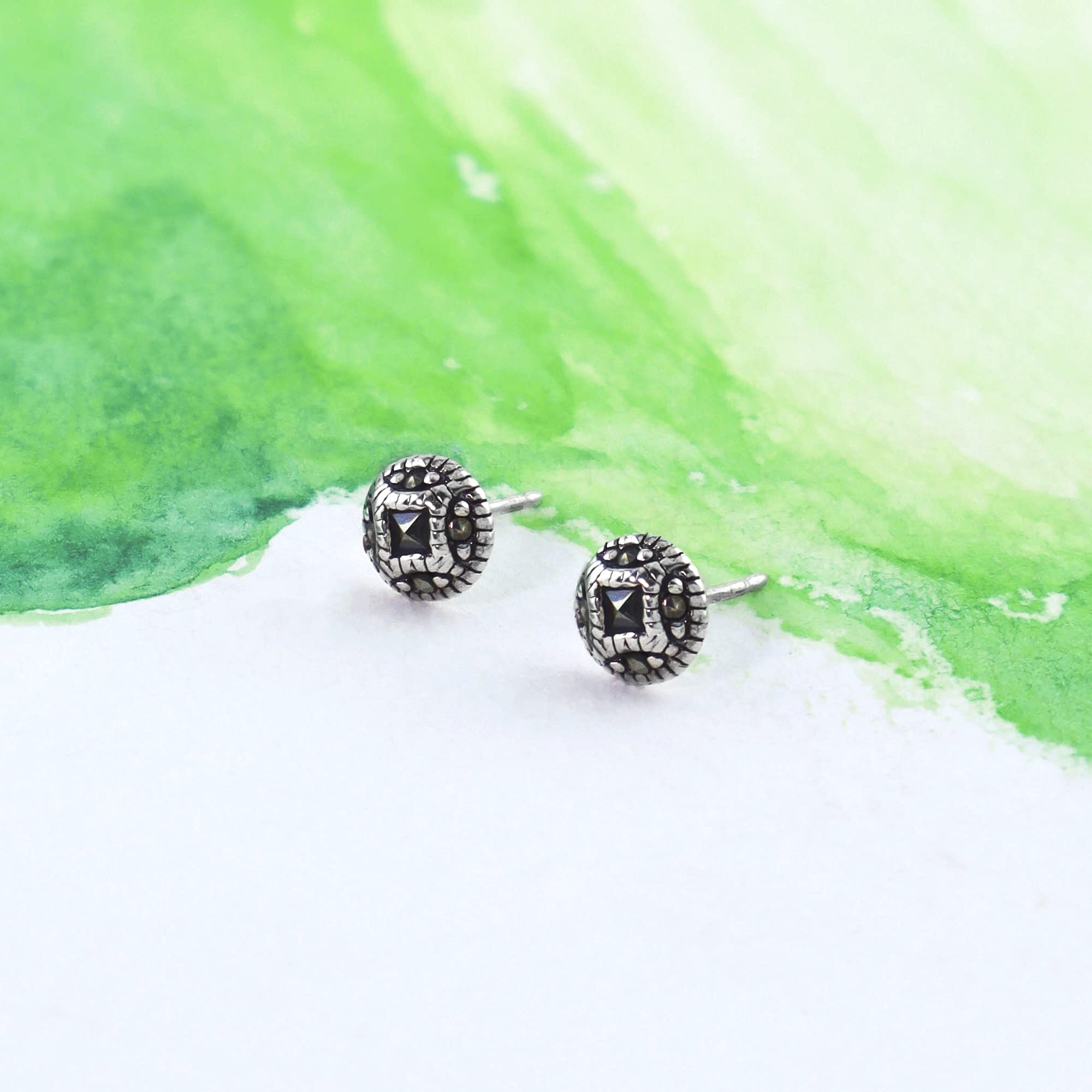 Boma Jewelry Sterling Silver Marcasite Vintage Style Button Stud Earrings