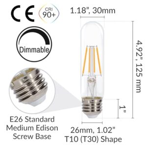 Simba Lighting LED T10 Tubular Edison Filament Light Bulbs (3 Pack) 6W Dimmable 60W Equivalent 120V for Cabinet Display, Piano Lamps, Clear Glass Decorative, Standard Medium E26 Base, Warm White 2700K