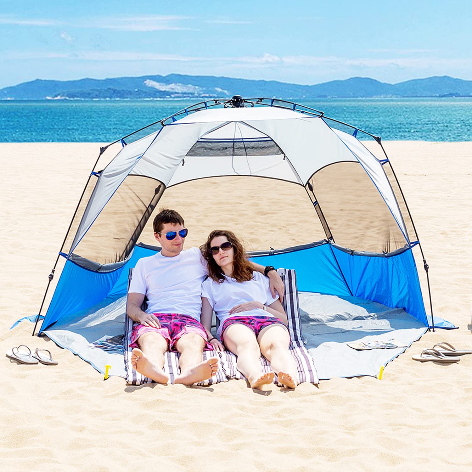 Beach Tent Sun Shelter Pop Up, X-Large 4-5 Person Portable Beach Shade with UPF 50+ Protection,Beach Canopy Umbrellas Windproof & Water-resistant for outdoor-with Sandpockets, stakes andExtended Porch