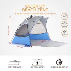 Beach Tent Sun Shelter Pop Up, X-Large 4-5 Person Portable Beach Shade with UPF 50+ Protection,Beach Canopy Umbrellas Windproof & Water-resistant for outdoor-with Sandpockets, stakes andExtended Porch