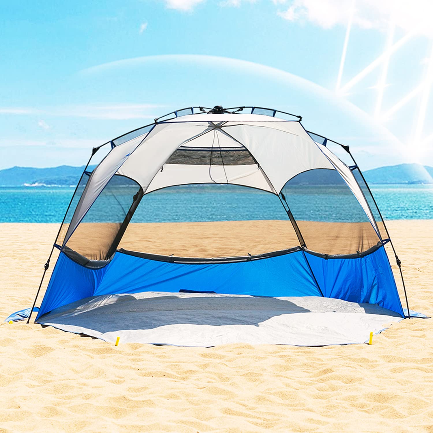 Beach Tent Sun Shelter Pop Up, X-Large 4-5 Person Portable Beach Shade with UPF 50+ Protection,Beach Canopy Umbrellas Windproof & Water-resistant for outdoor-with Sandpockets, stakes andExtended Porch